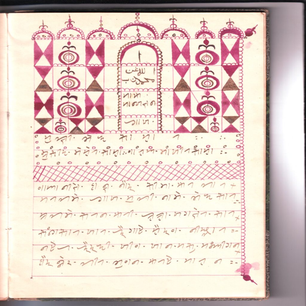 Bhédsār is a book of religious songs. The contents reflect Sufi philosophy and some of the songs are endowed with the knowledge of God. The first version of the text perhaps belongs to the 17th century. The present copy has been copied out by hand. Saiyad Śāh Hussain Ālam was born in the 15th century in Sylhét according to some and between 1500-1650 CE according to Professor Āsāddar Āli. The original hand written volume is undated. It measures 281mm x 180mm. The main text is written on pages 1-166 and this is all that has been copied, along with the front and back covers.